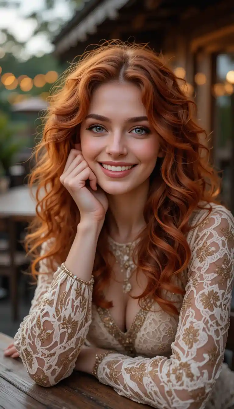 Red haired british girl smiling at a rustic garden table