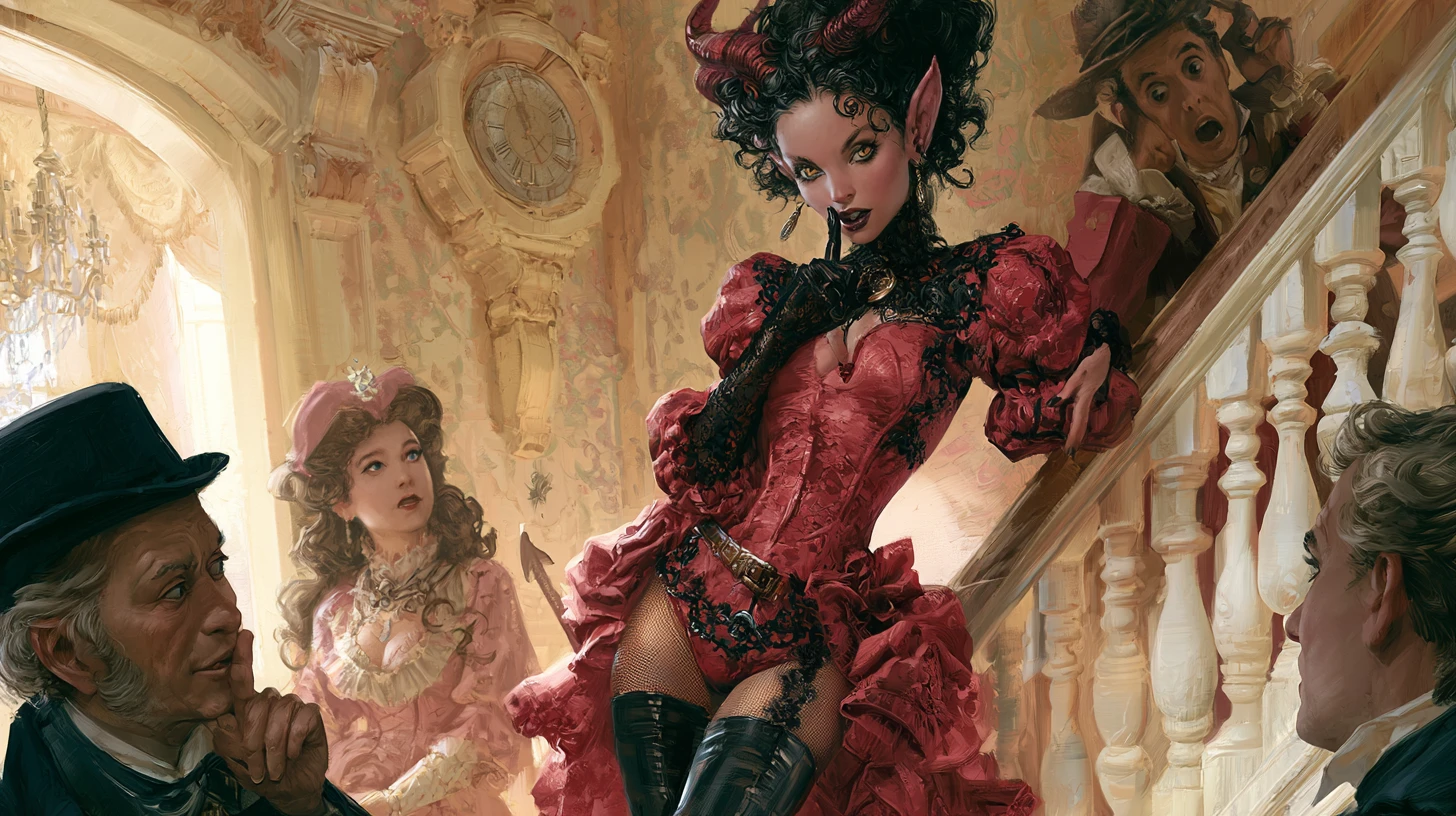 Seductive imp woman in lace boots in a corner room