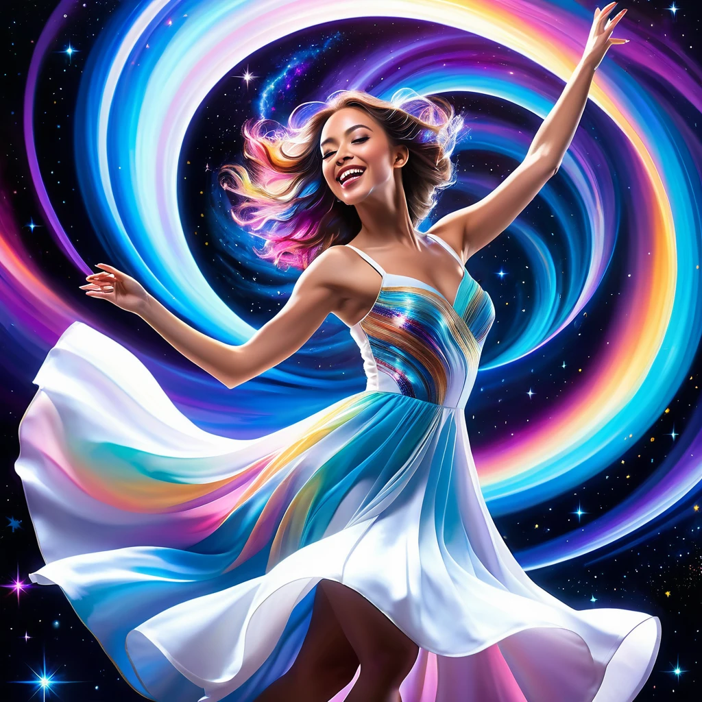 Woman dancing in white dress amid glowing spiral galaxy