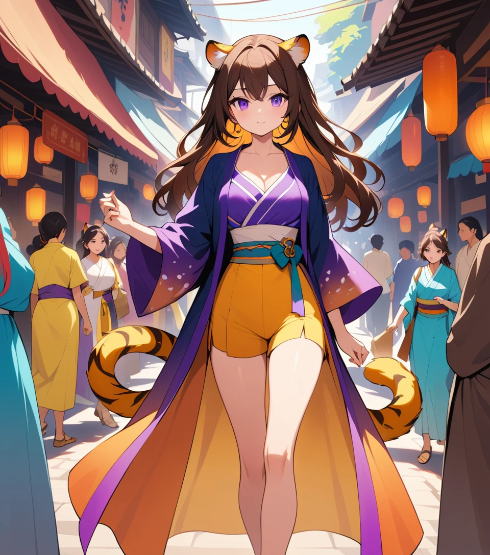 Mystical tiger eared woman in kimono walking through market