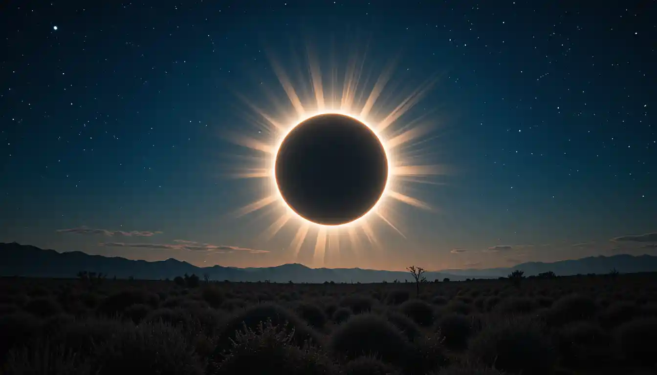 Total solar eclipse with luminous corona over dark landscape
