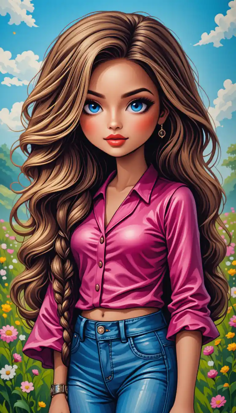Smiling girl with long braided hair in pink satin blouse