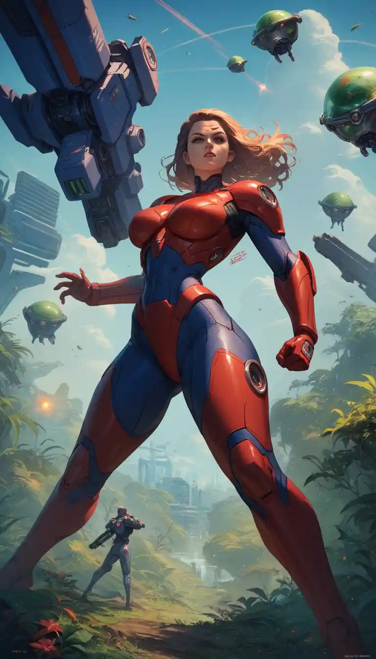 Anime iron woman warrior in intense close combat scene