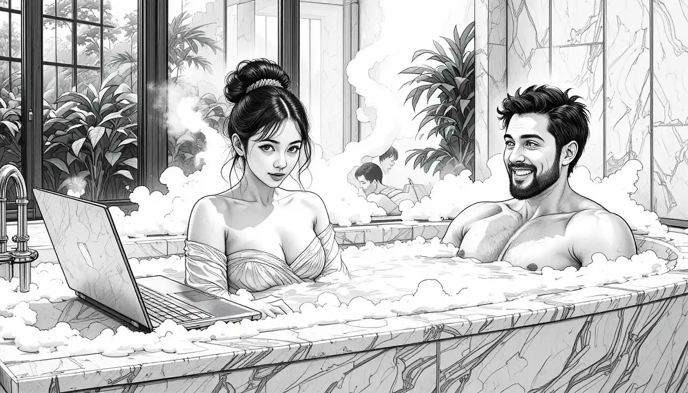 Young woman working on laptop in a foamy spa bathtub