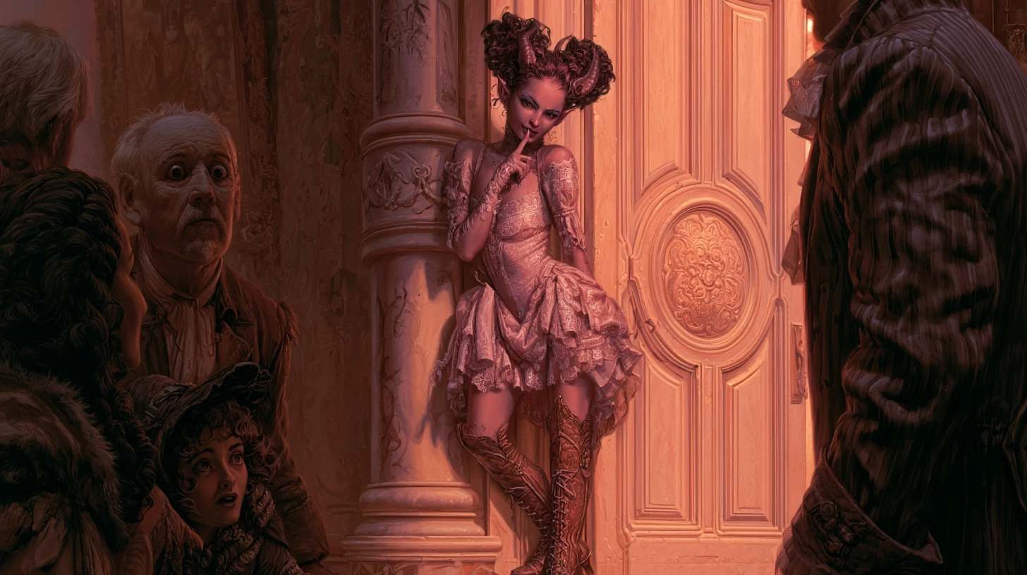Seductive imp woman in boots posing in a shadowy corner