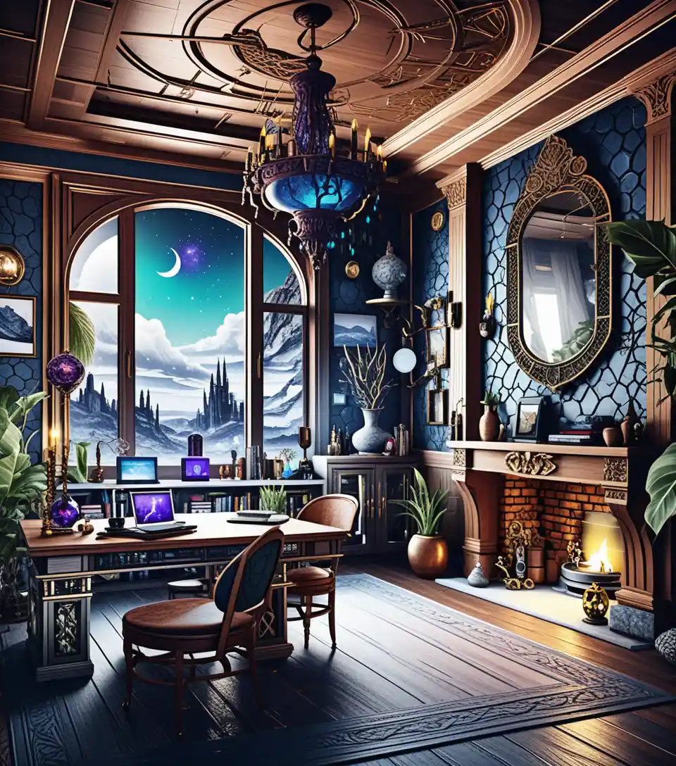 Moody 3D interior with eclectic decadent witchy atmosphere