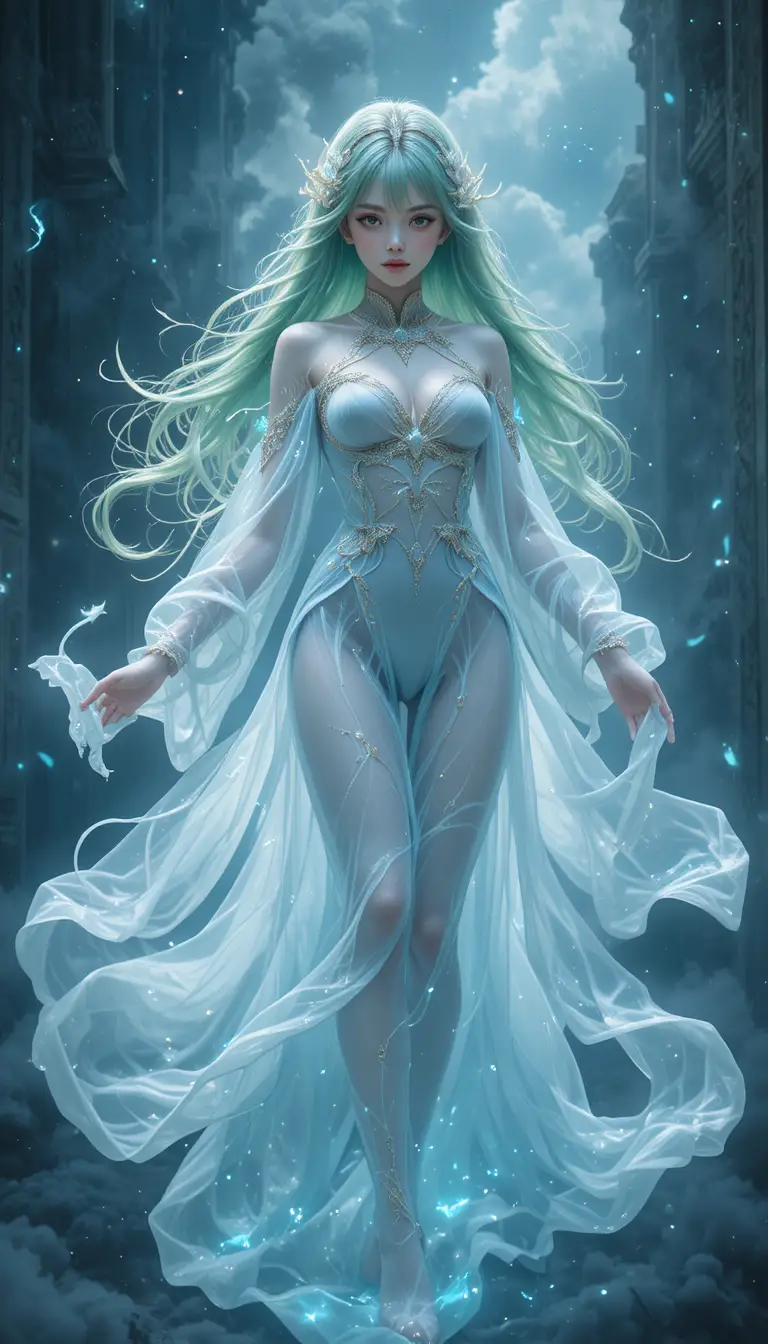 Ethereal anime ghost girl floating in a misty aura