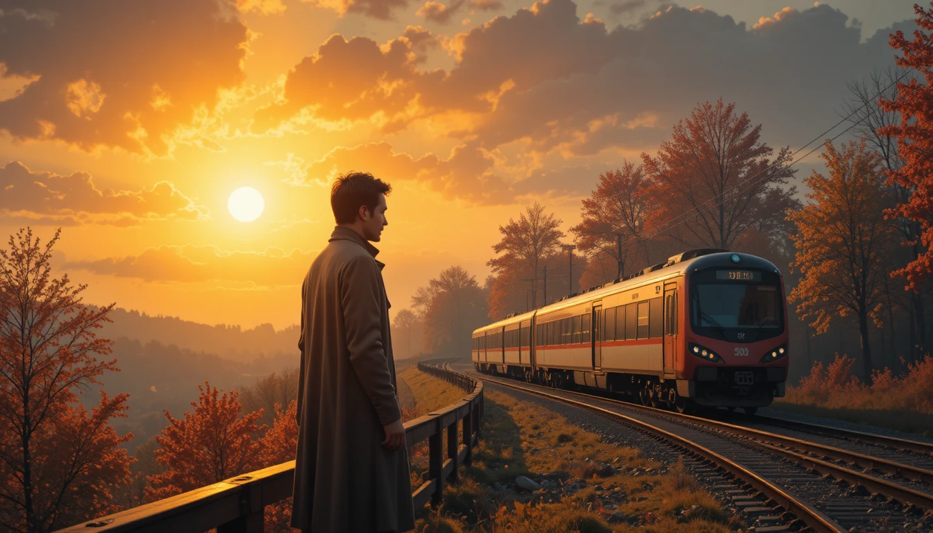 Man by railway tracks under a golden autumn sunset
