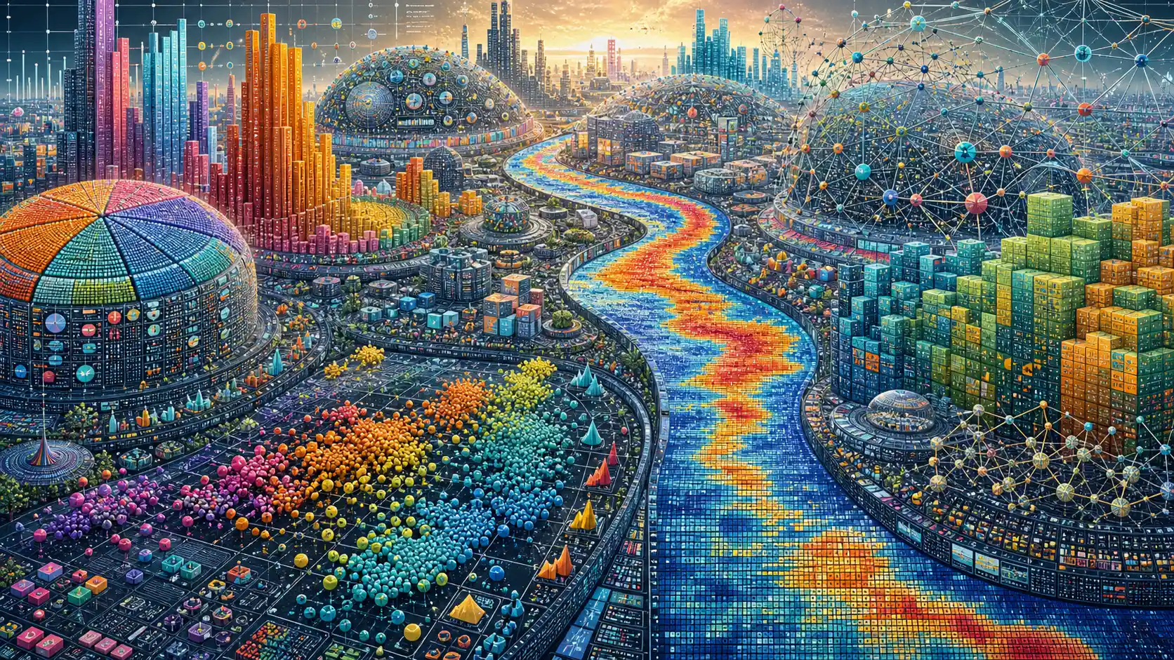 Surreal cityscape built entirely from data visualizations
