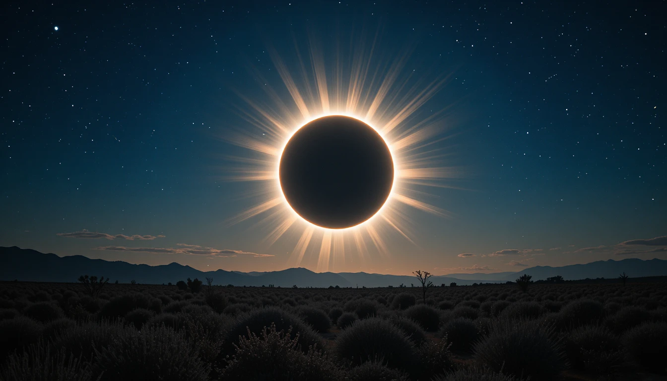 Total solar eclipse with luminous corona over dark landscape