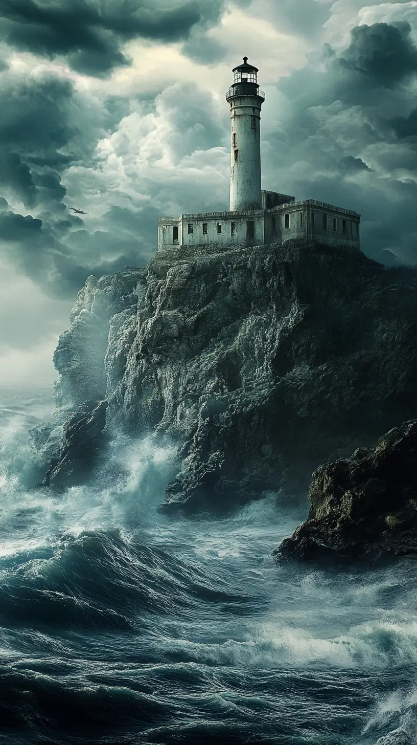 Stormy sea surrounding Alcatraz lighthouse on rugged cliffs