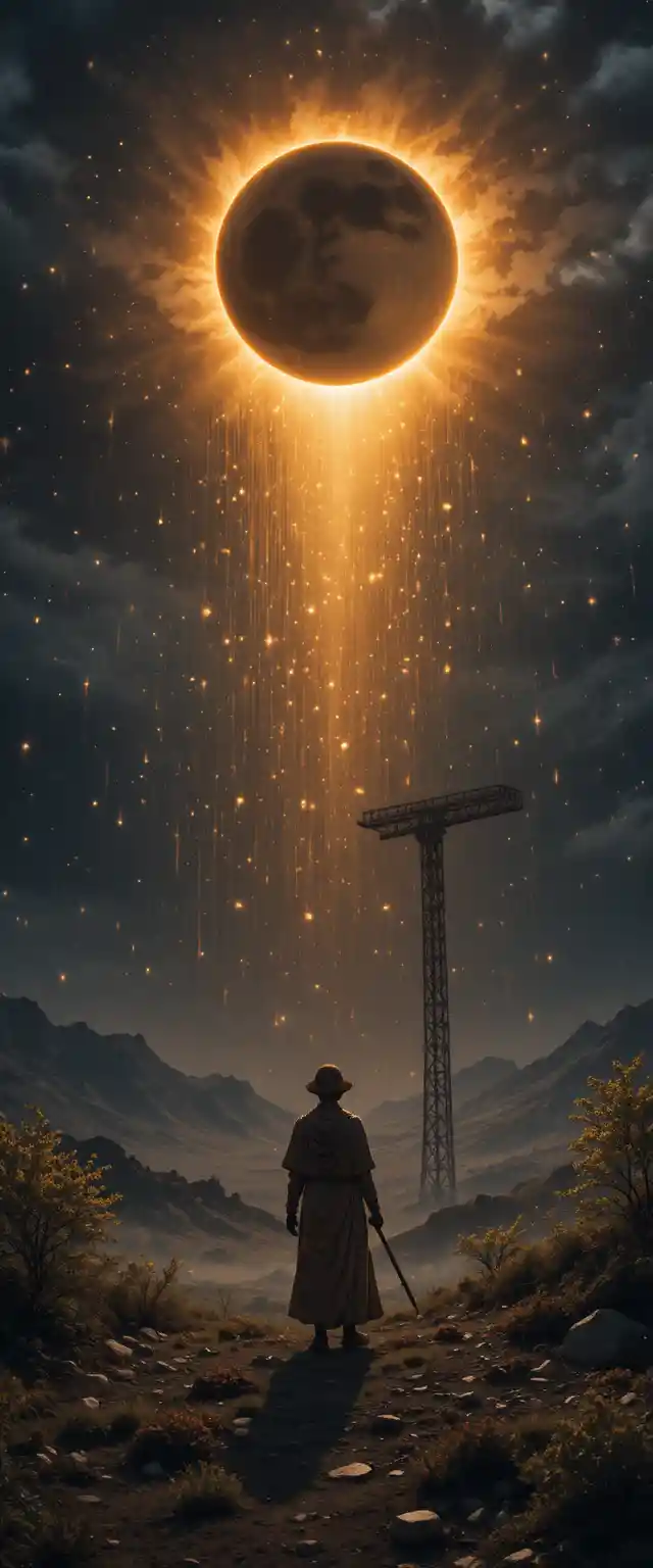 Mysterious solar eclipse over a night sky with falling stars