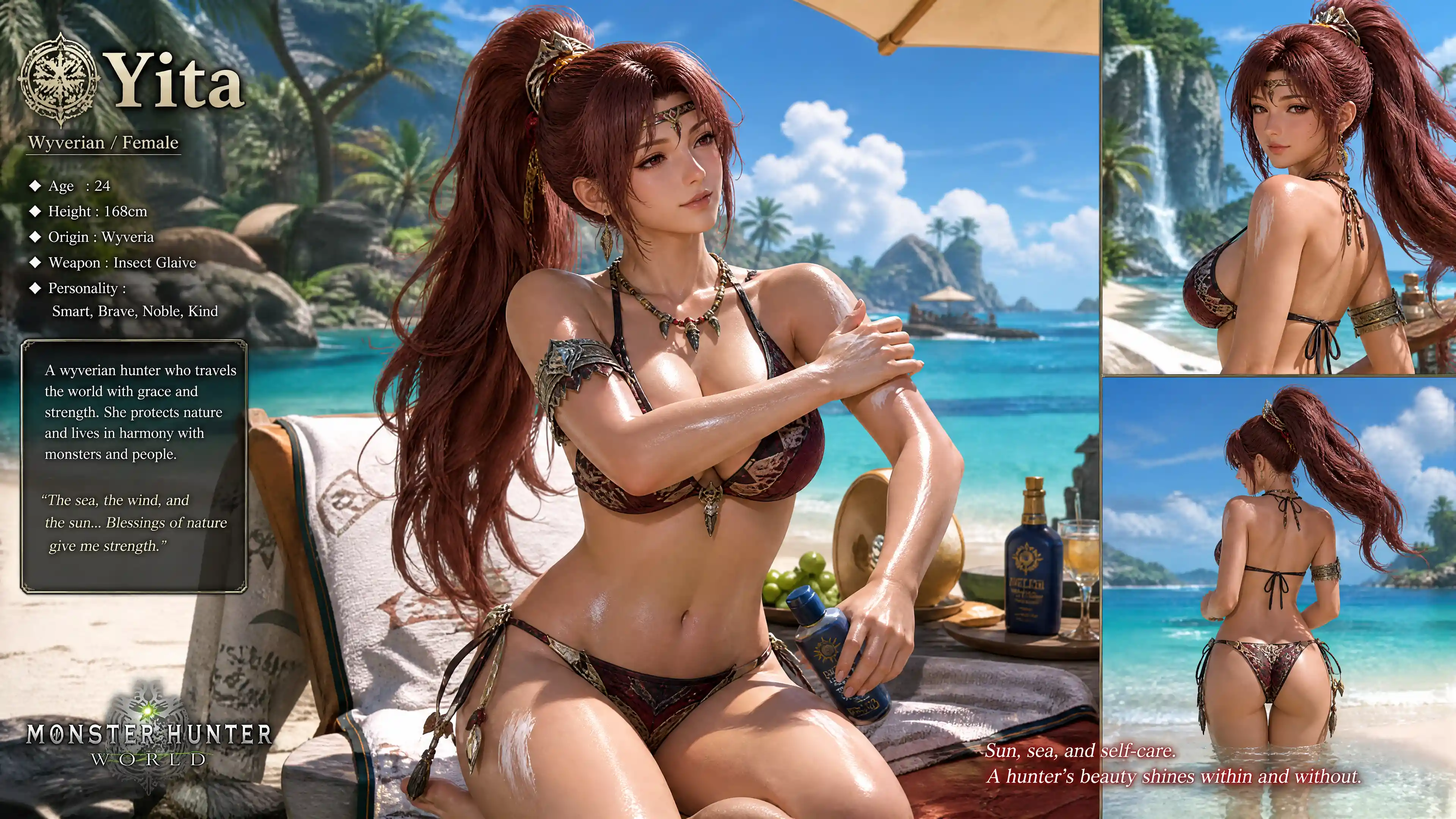 Fantasy woman in swimsuit applying sunscreen on beach