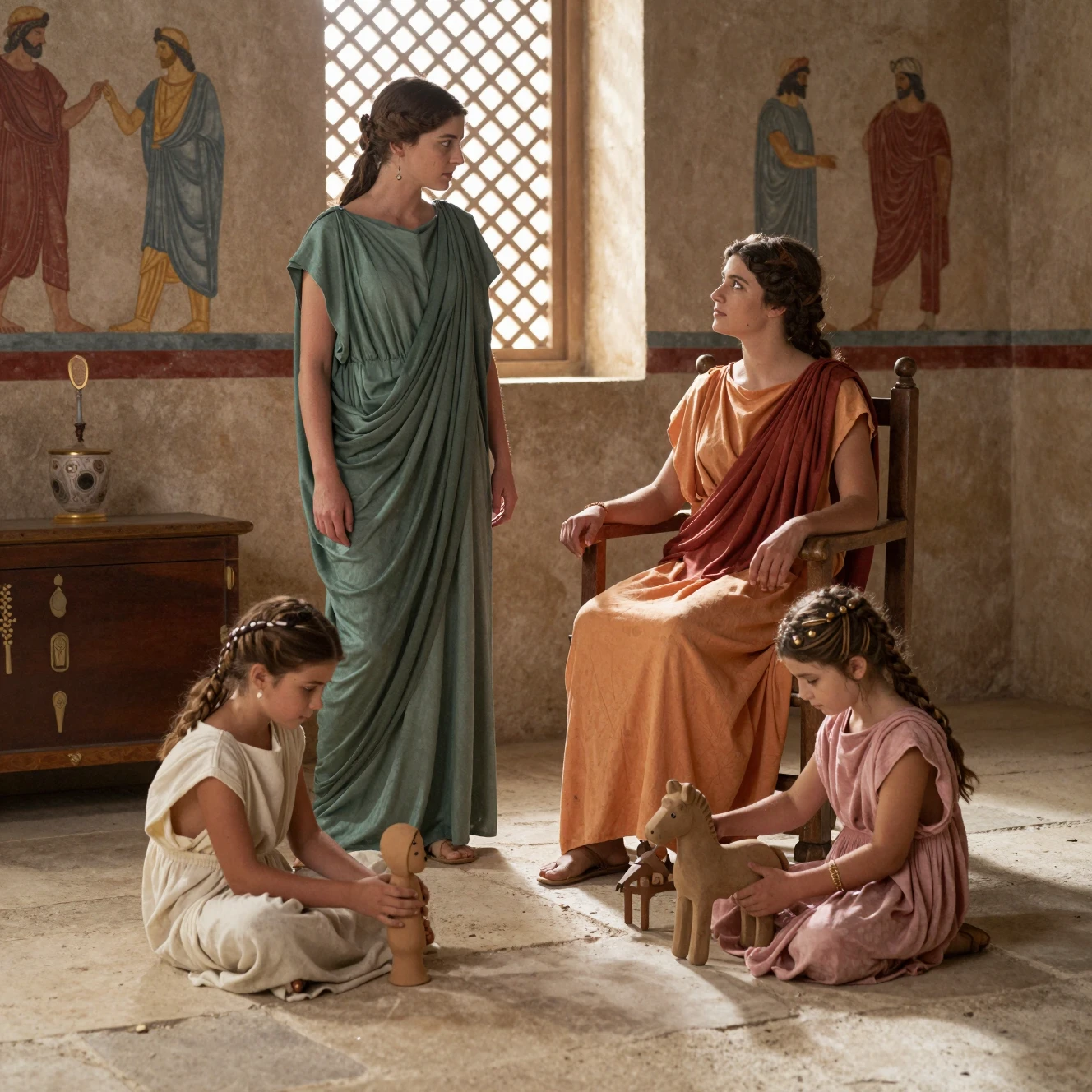 Ancient Greek family scene in a sunlit stone interior