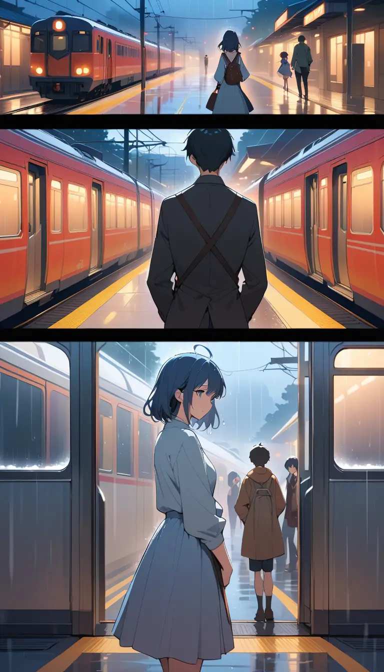Young couple saying goodbye at a rainy train station