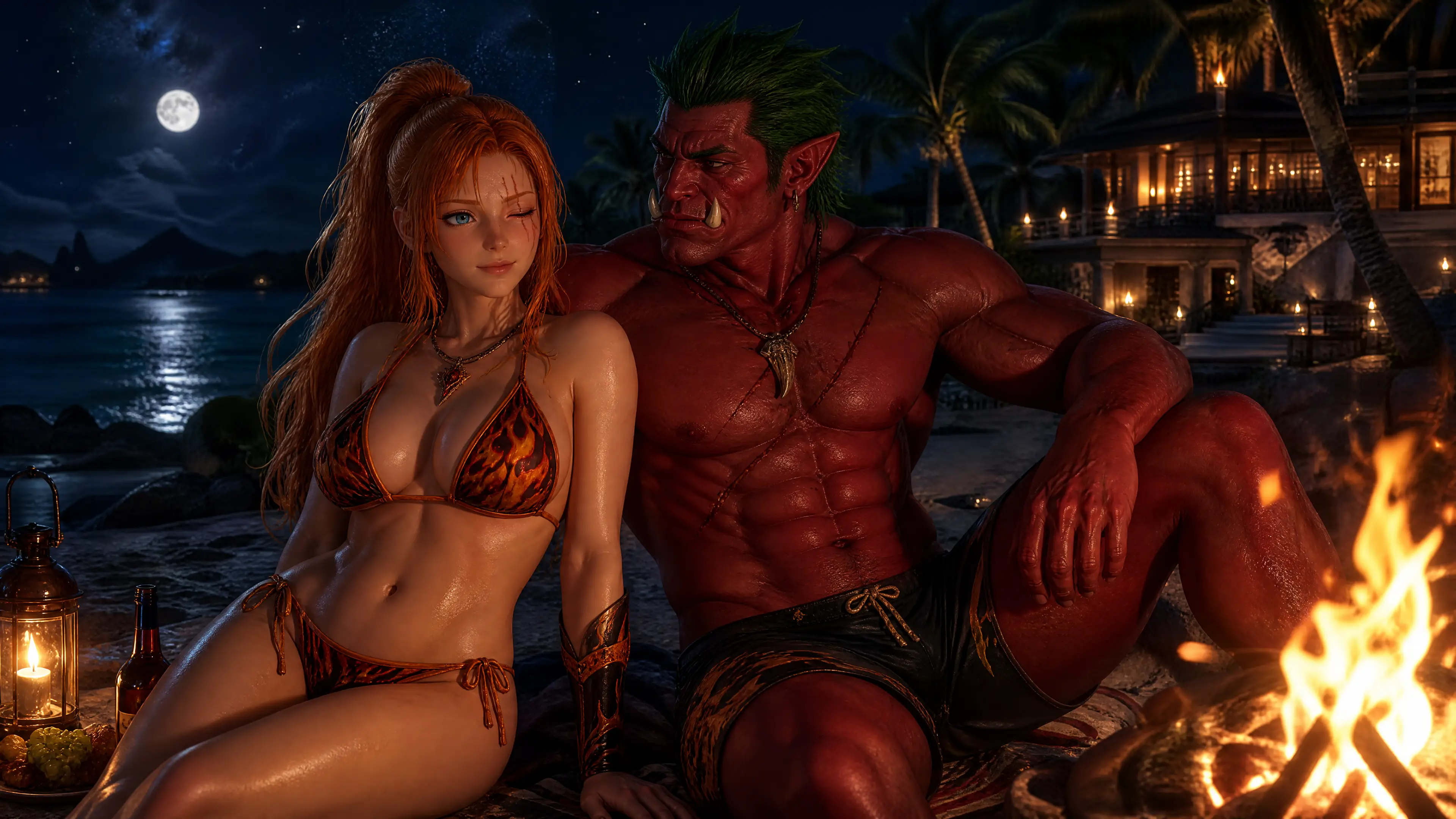 Romantic couple by a beach campfire at night