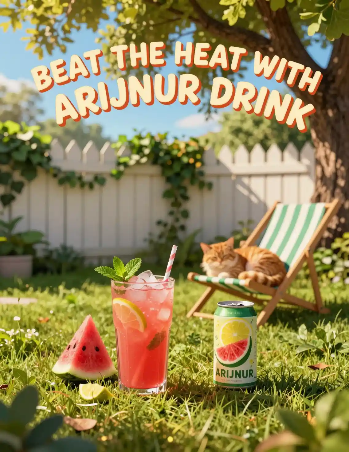 Limonade glacée à la pastèque et chat dans un jardin ensoleillé