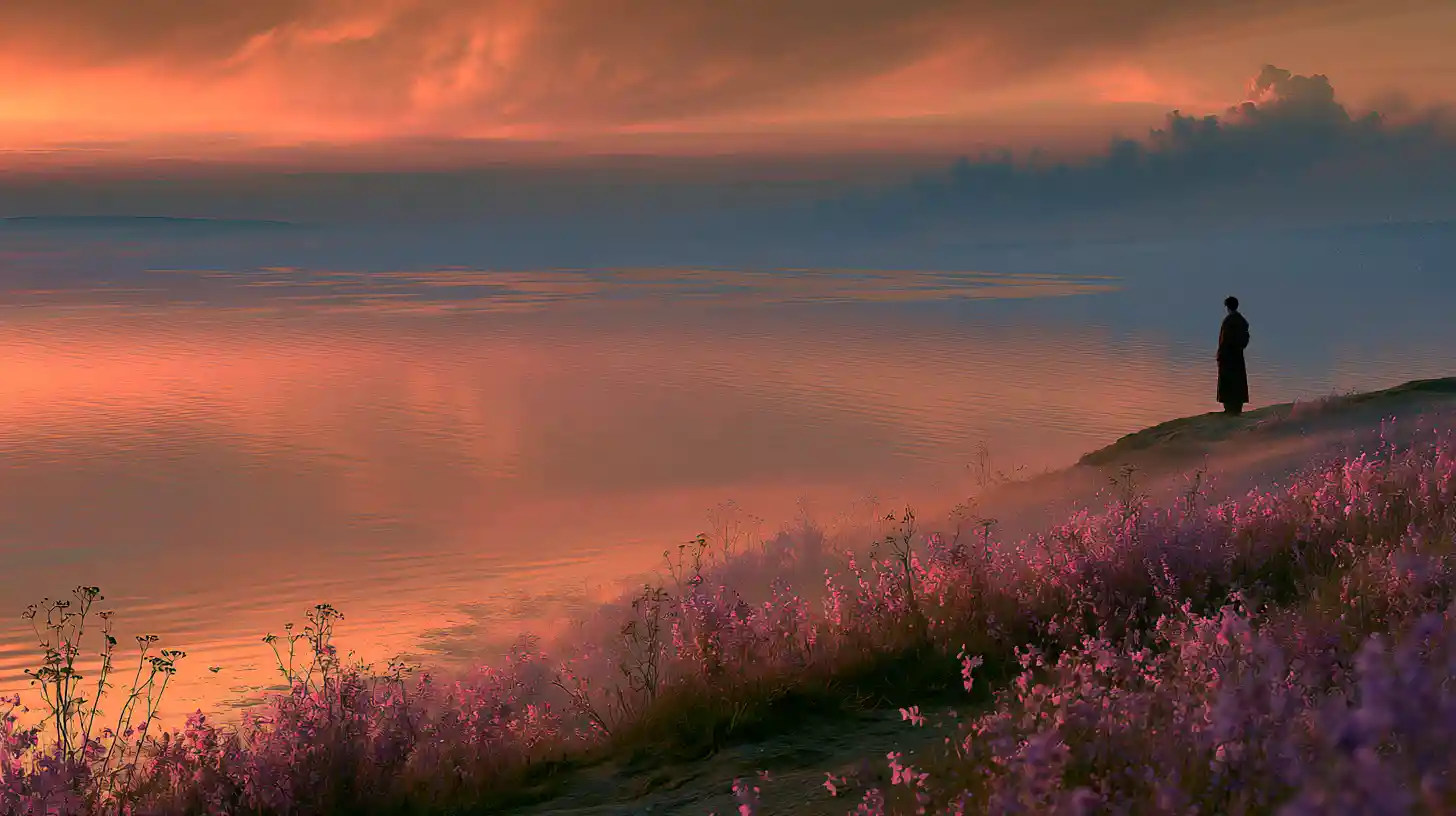 Lone Figure Overlooking A Sunset Lake From A Hilltop