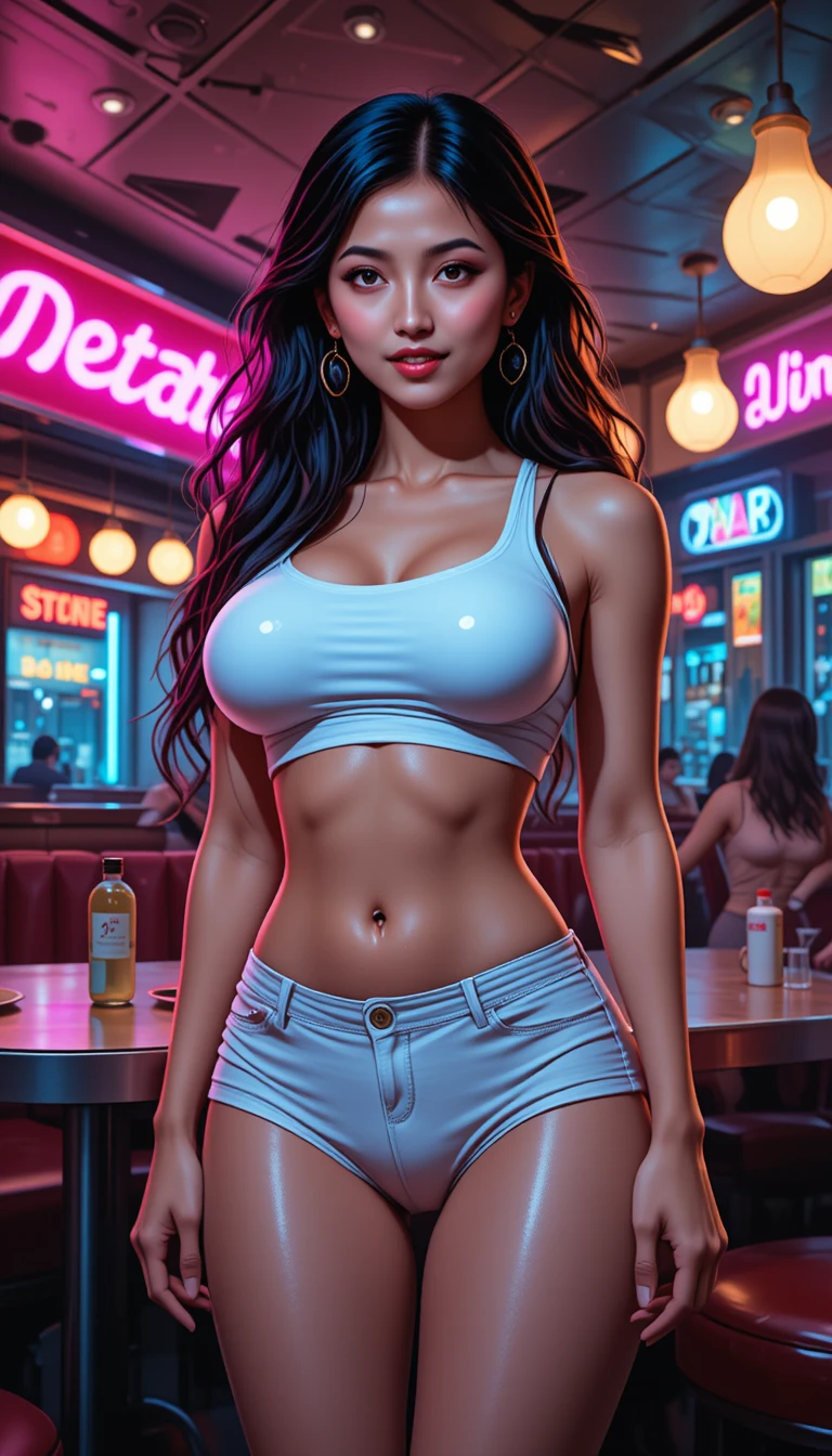 Anime woman in white underwear in a neon retro diner