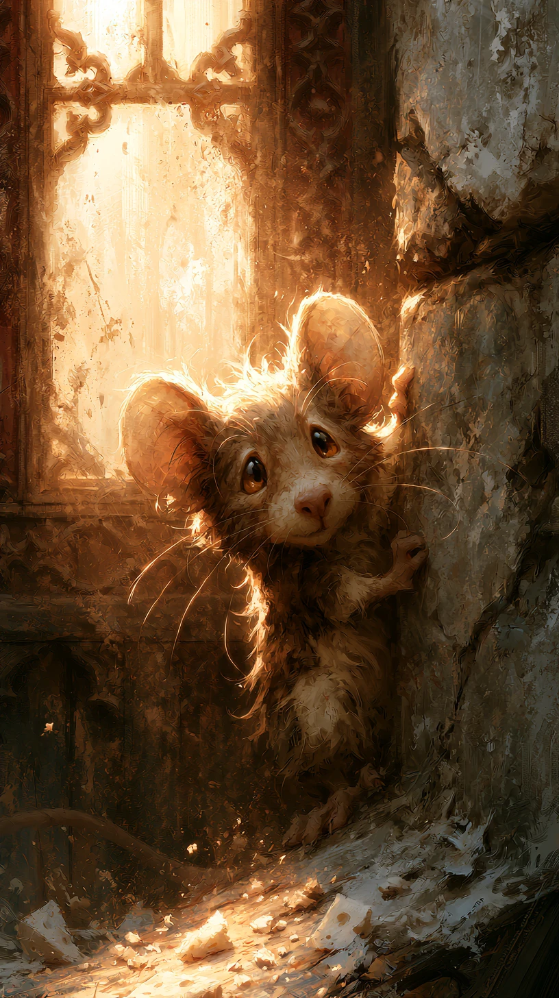 Clever mouse climbing a worn stone wall in sunlight