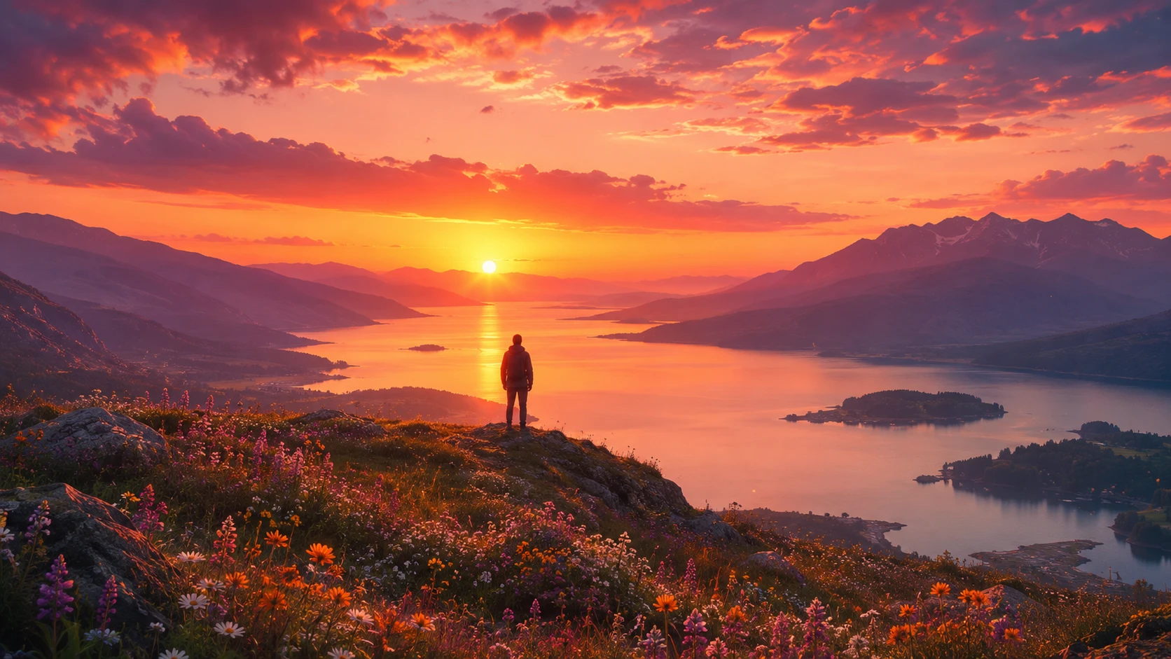 Lone figure on hill at sunset above tranquil lake