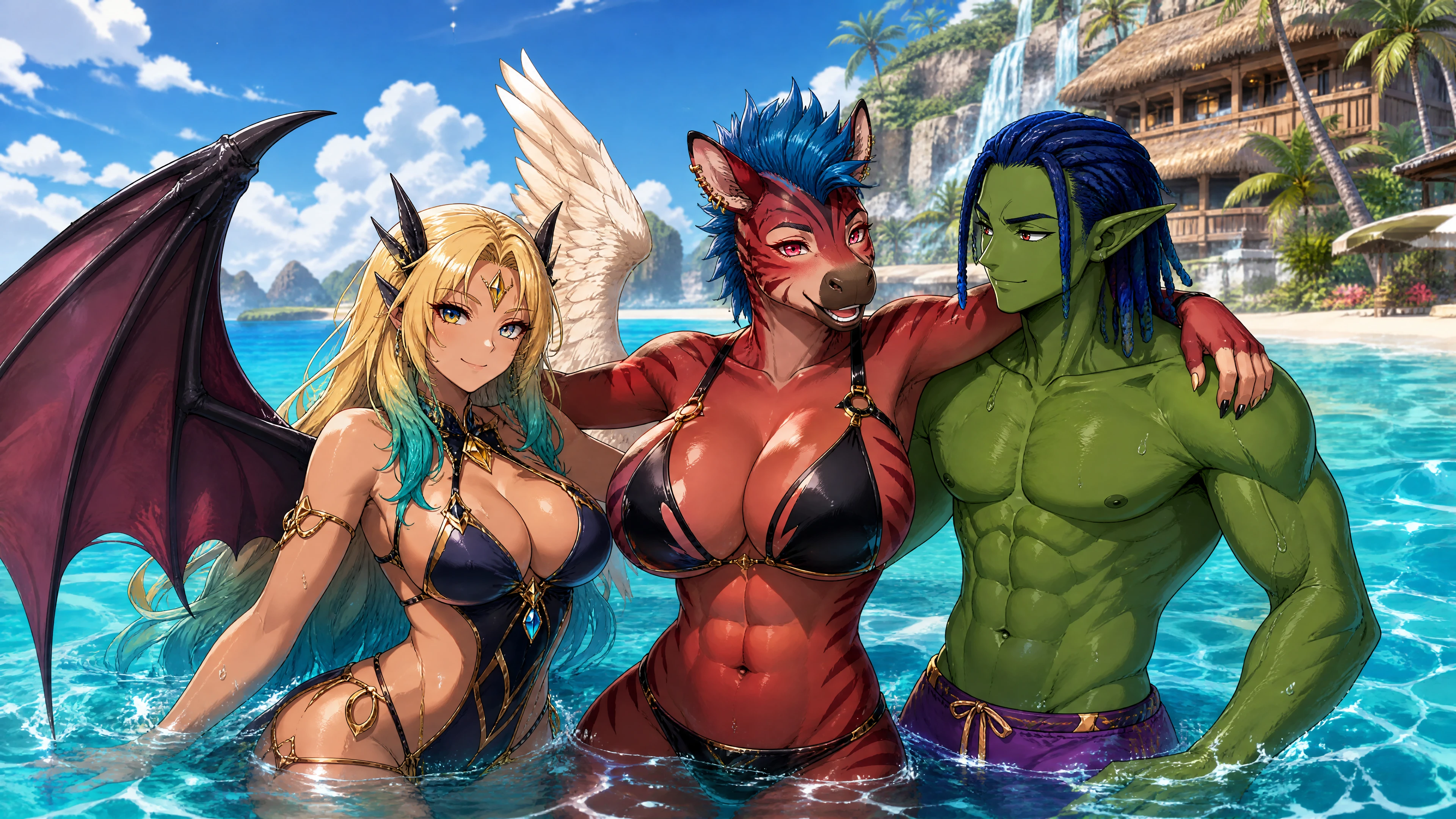 Fantasy couple swimming in the ocean at a luxury beach