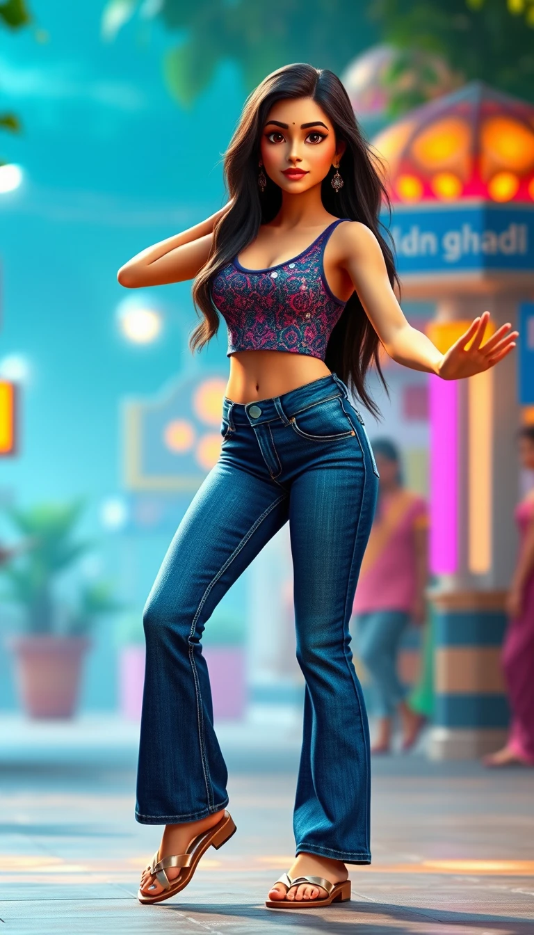Indian woman dancing in flared jeans on vibrant city street