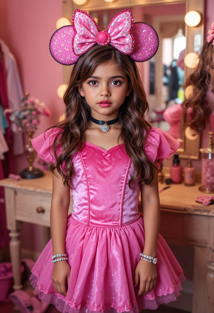 Nervous tween in Minnie inspired princess costume at vanity
