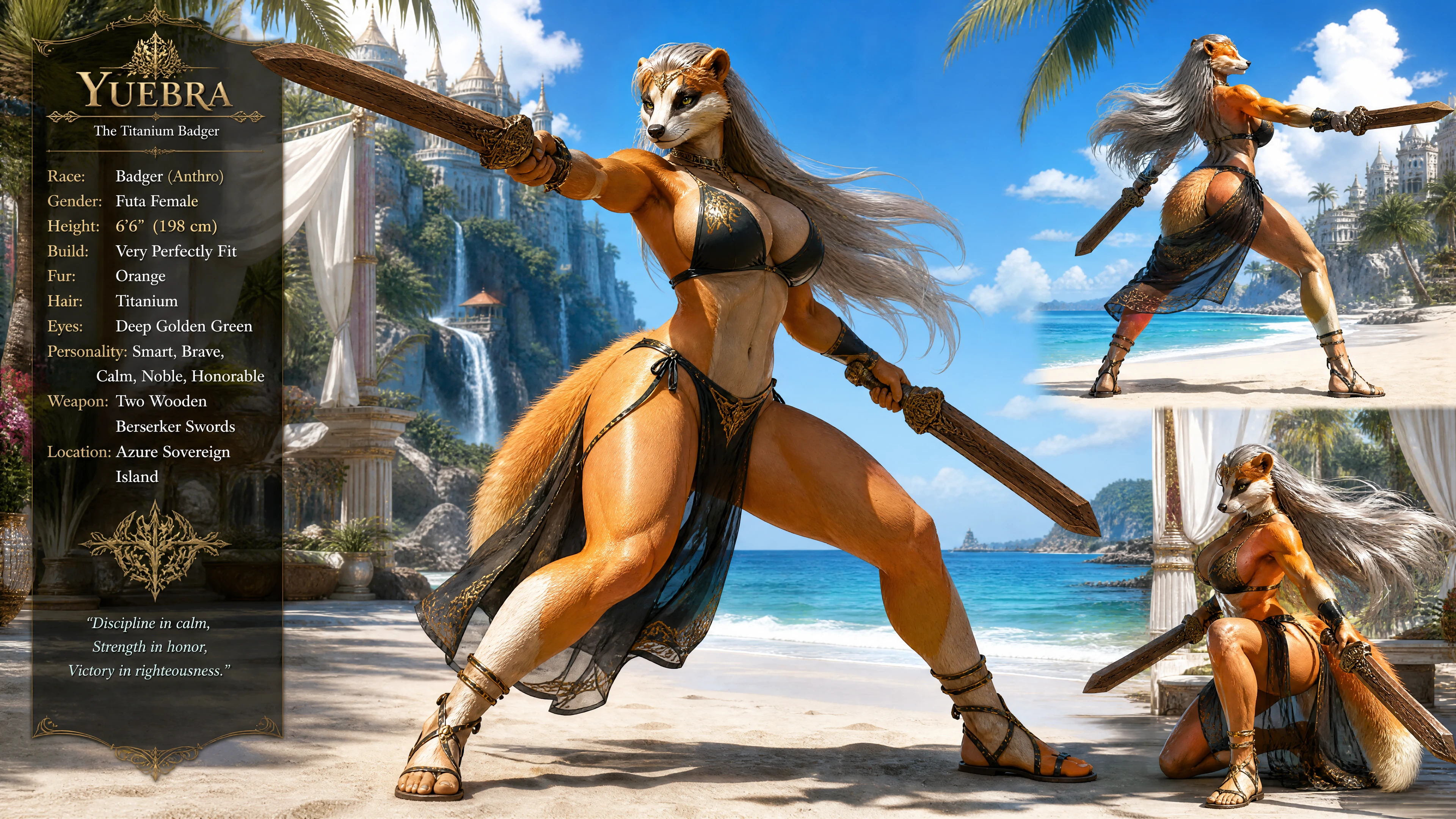 Tall fantasy woman training with swords on beach
