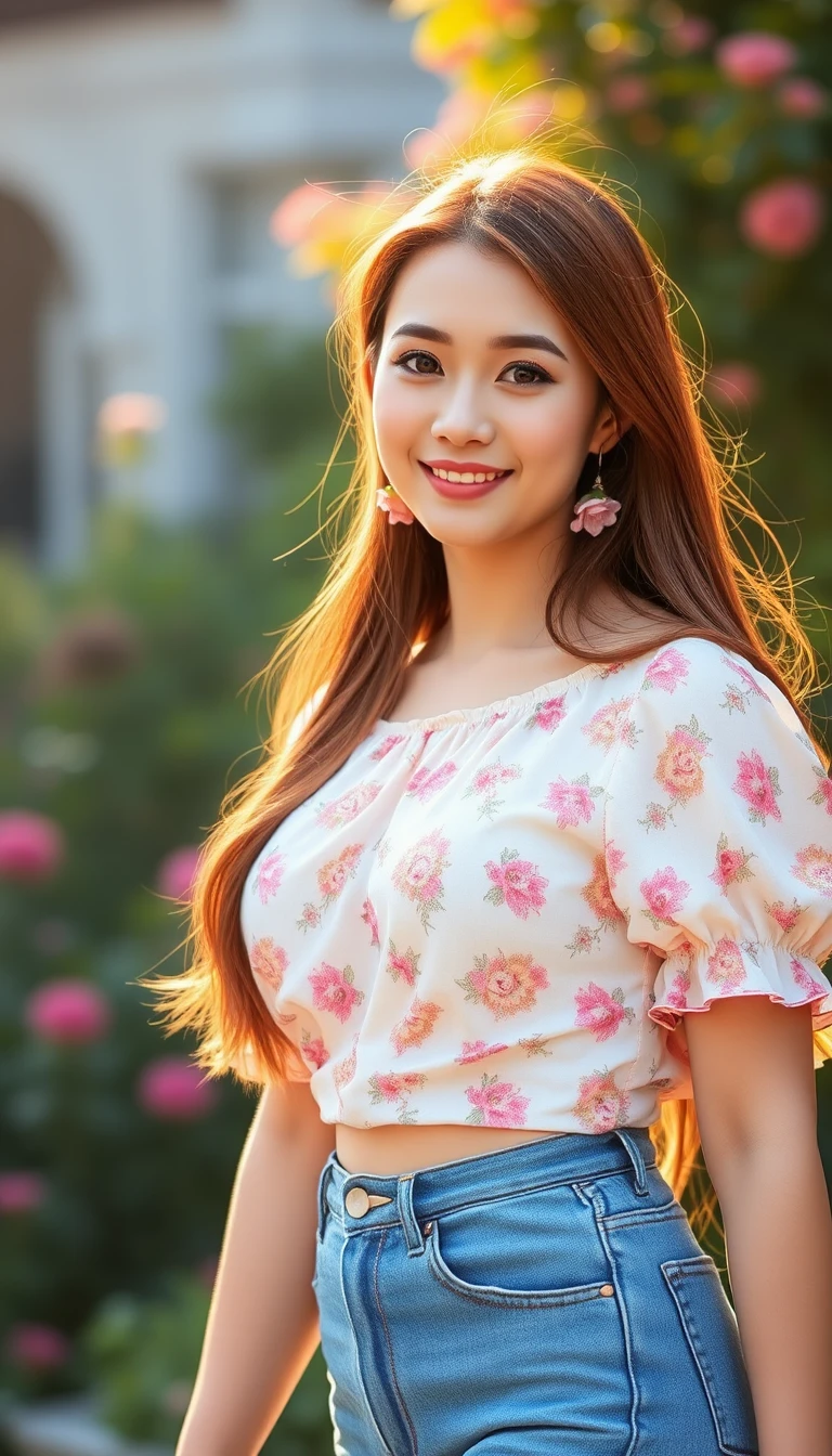 Smiling woman in floral blouse in a sunlit garden