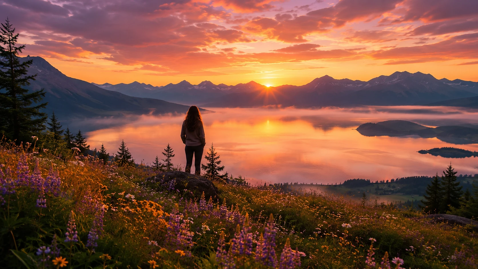 Lone figure on a hill at sunset above a quiet lake