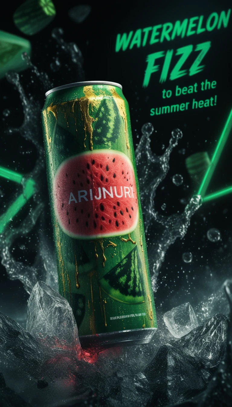 Green soda can on cracked ice with neon splashes