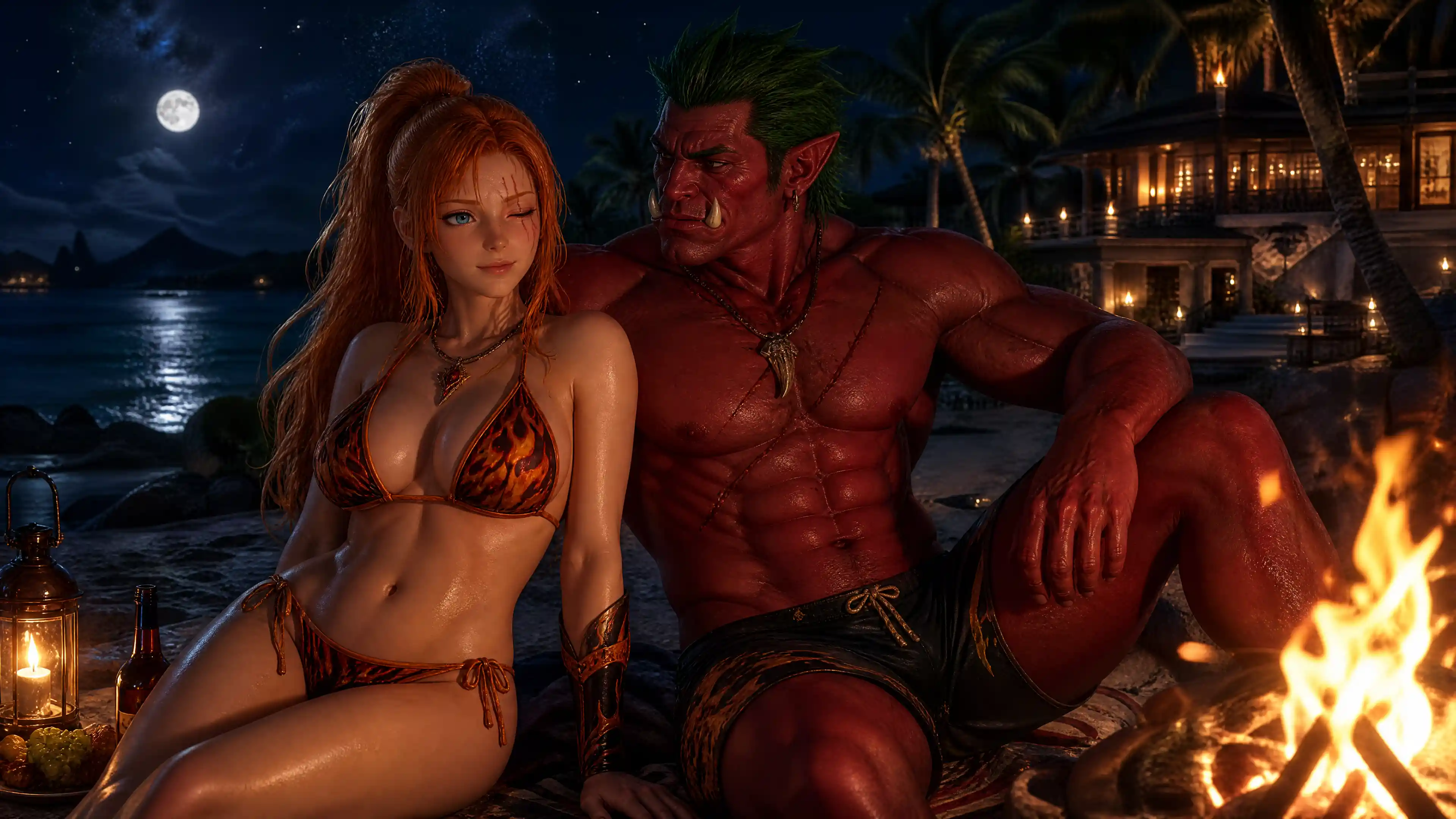 Romantic couple by a beach campfire at night