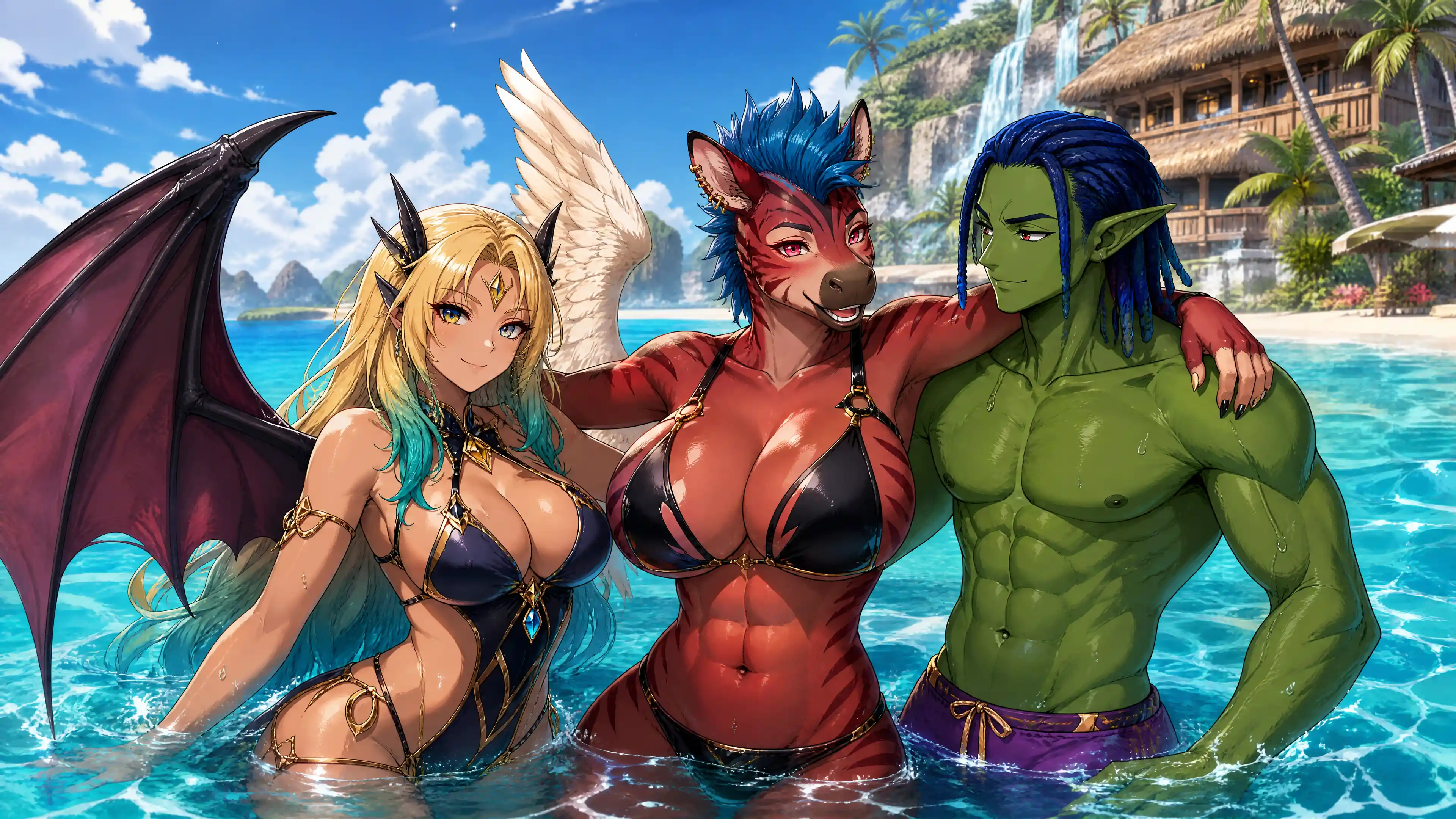 Fantasy couple swimming in the ocean at a luxury beach
