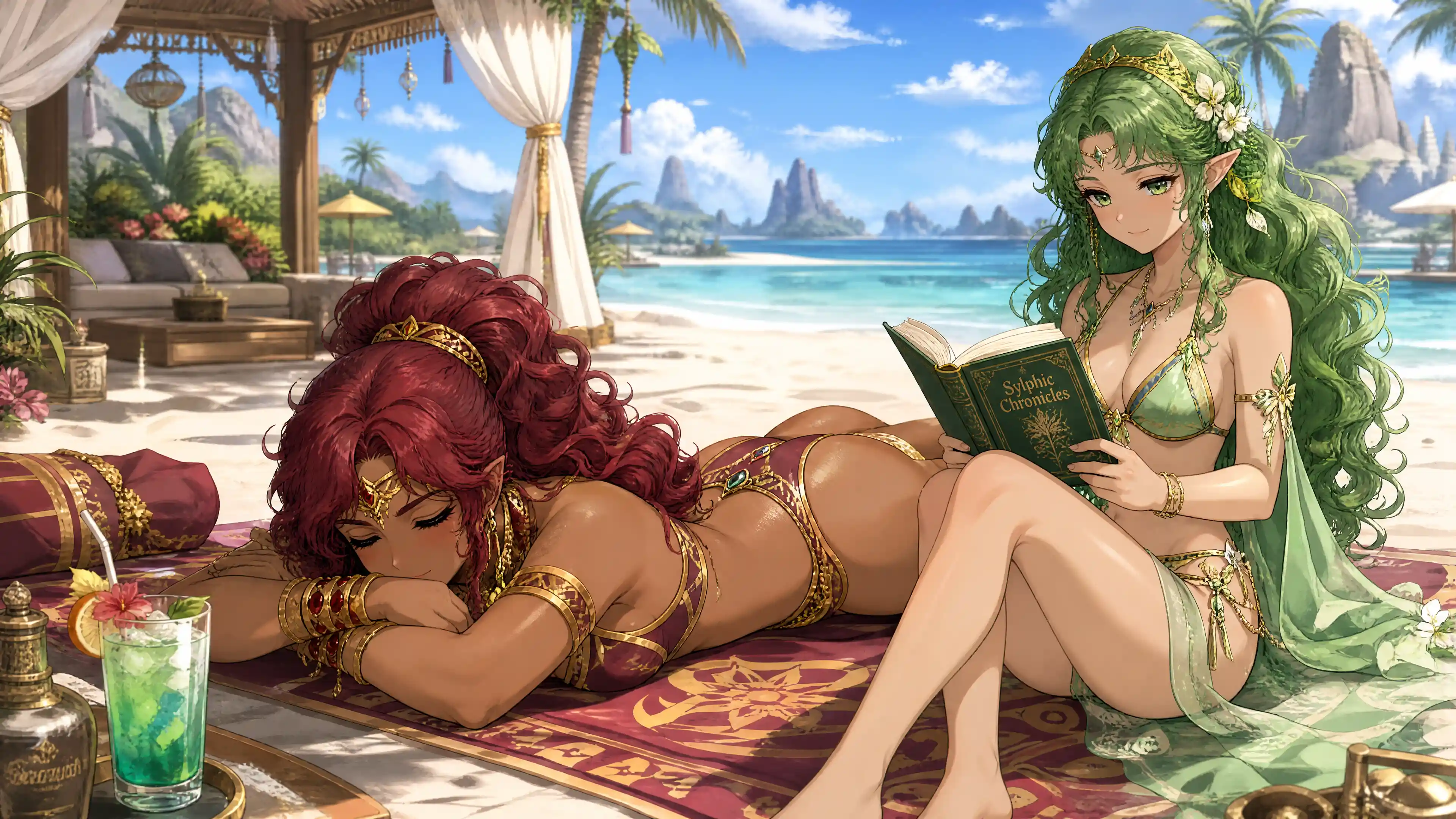 Two women relaxing together on a sunny beach towel