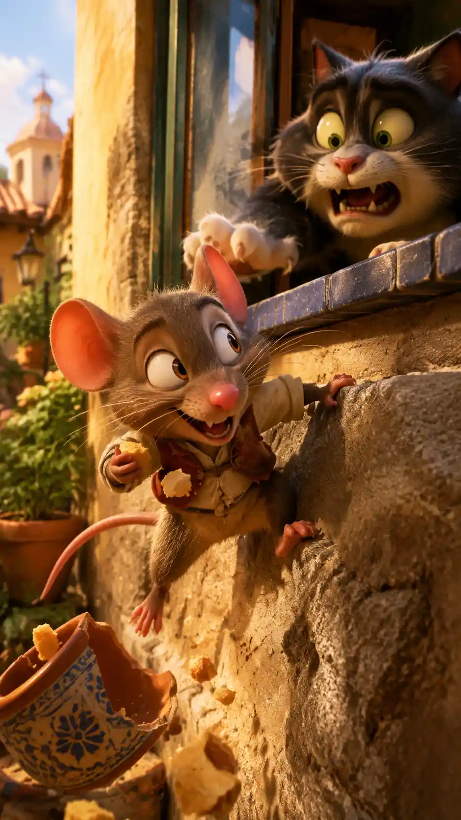 Topolino astuto in fuga da un gatto in un caldo vicolo soleggiato