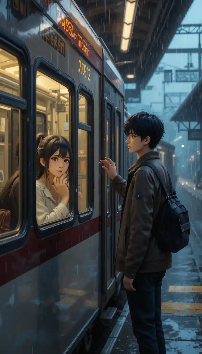 Anime couple saying goodbye at rainy train station window