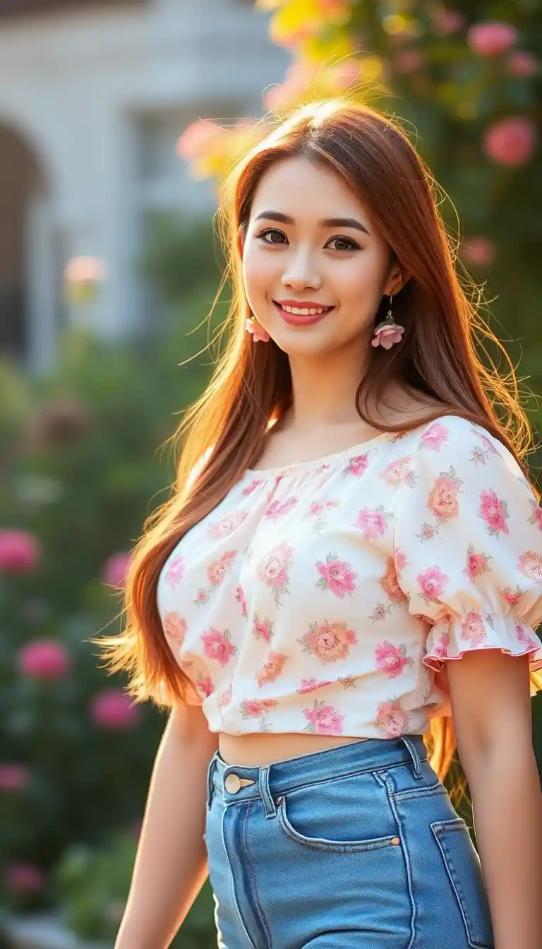 Smiling woman in floral blouse in a sunlit garden