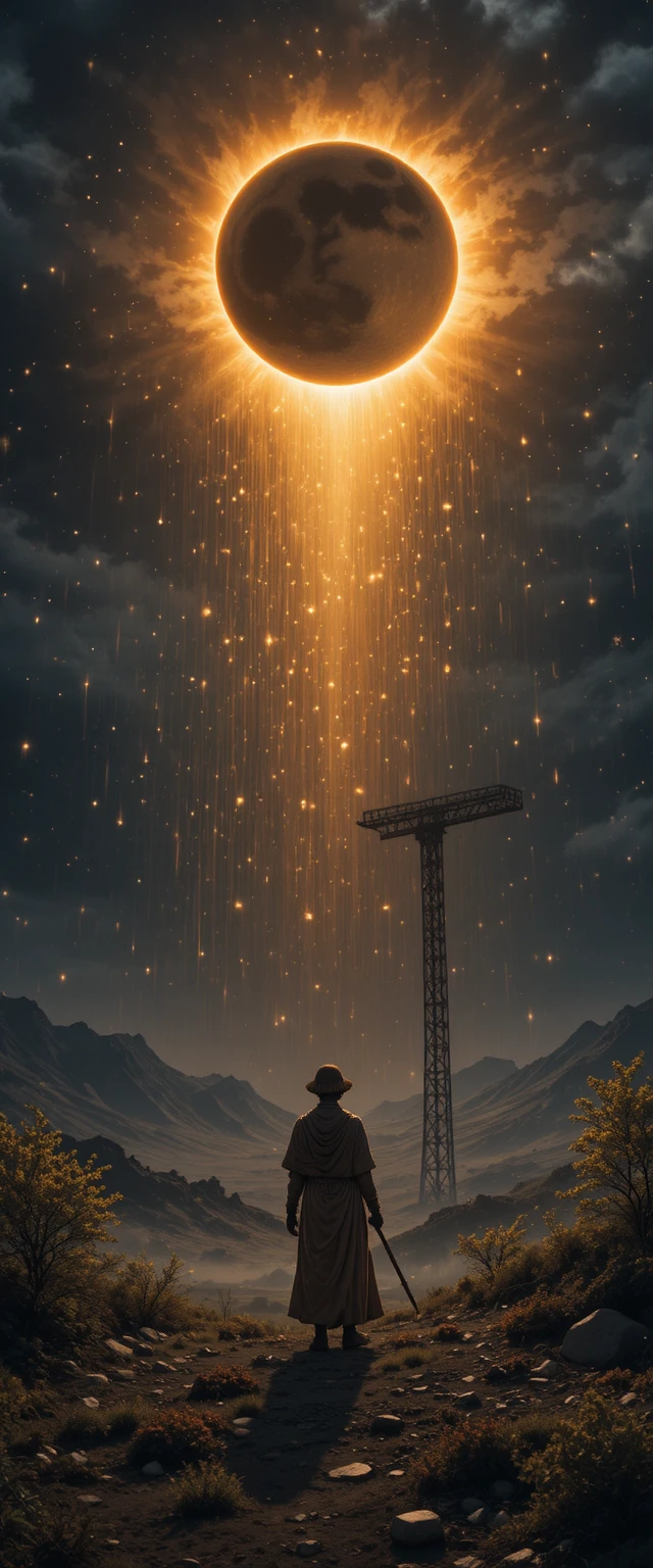 Mysterious solar eclipse over a night sky with falling stars