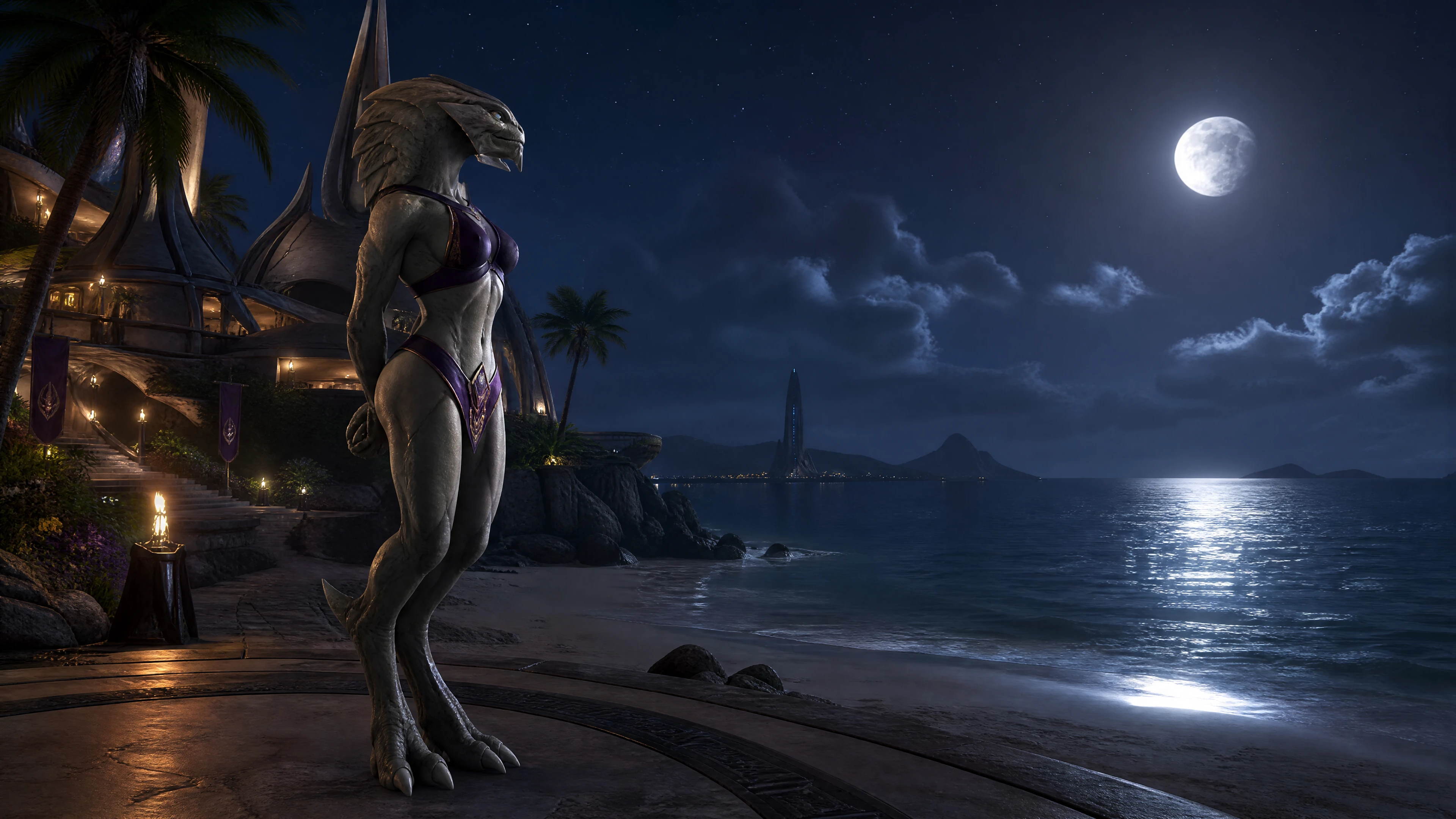 Alien woman in swimsuit gazing at the moon on a beach