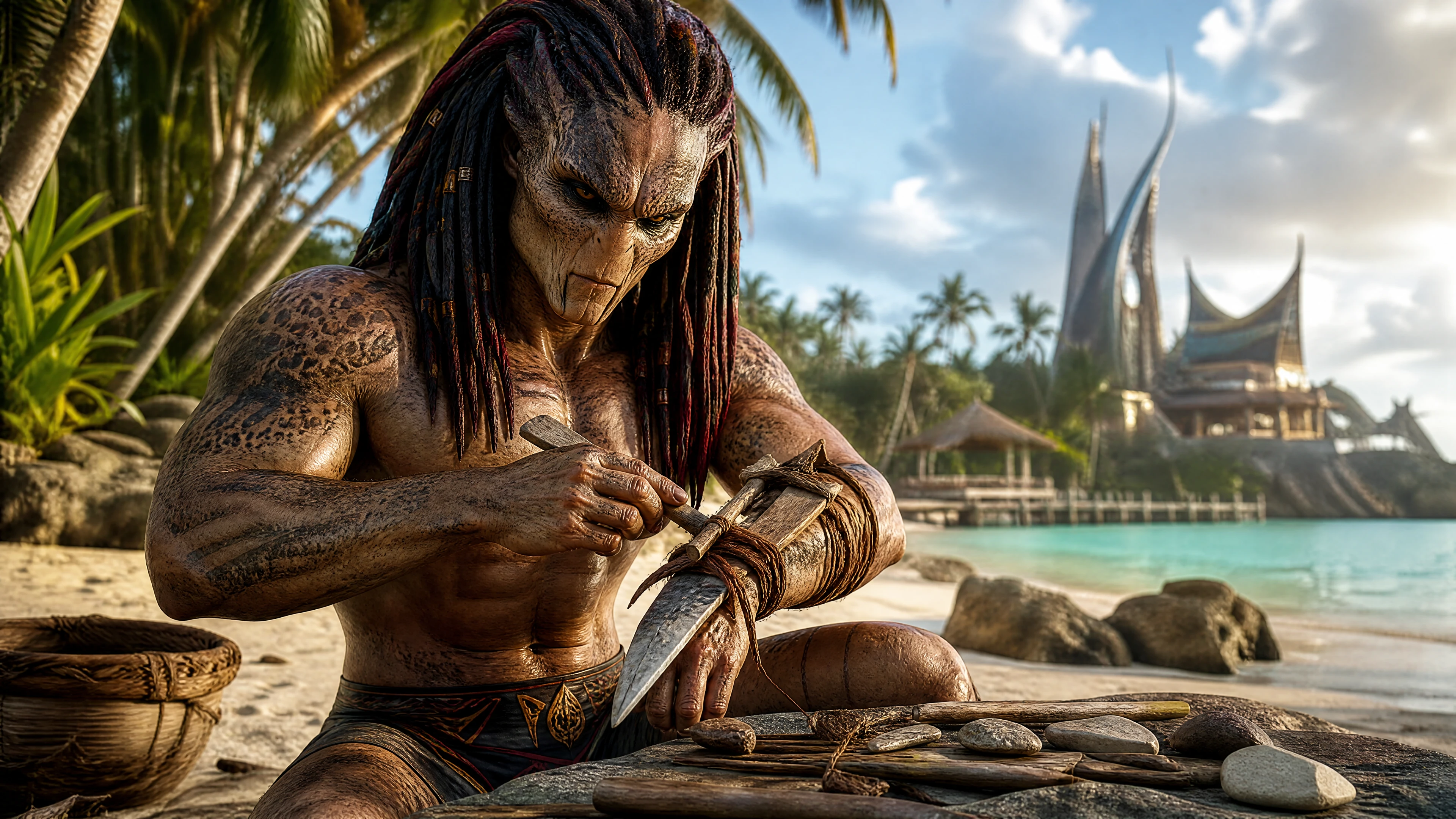 Alien warrior crafting a wristblade on tropical beach