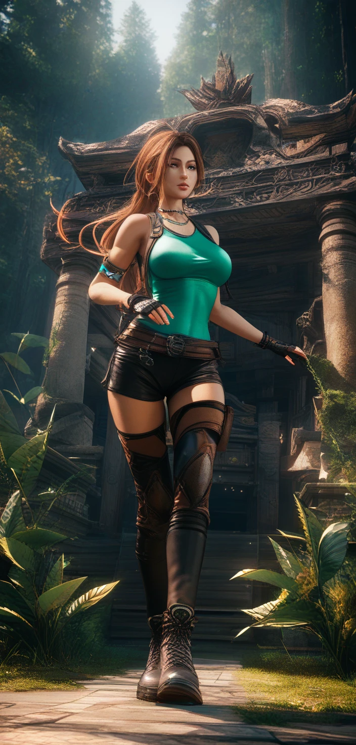 Full body woman standing by an ancient forest temple