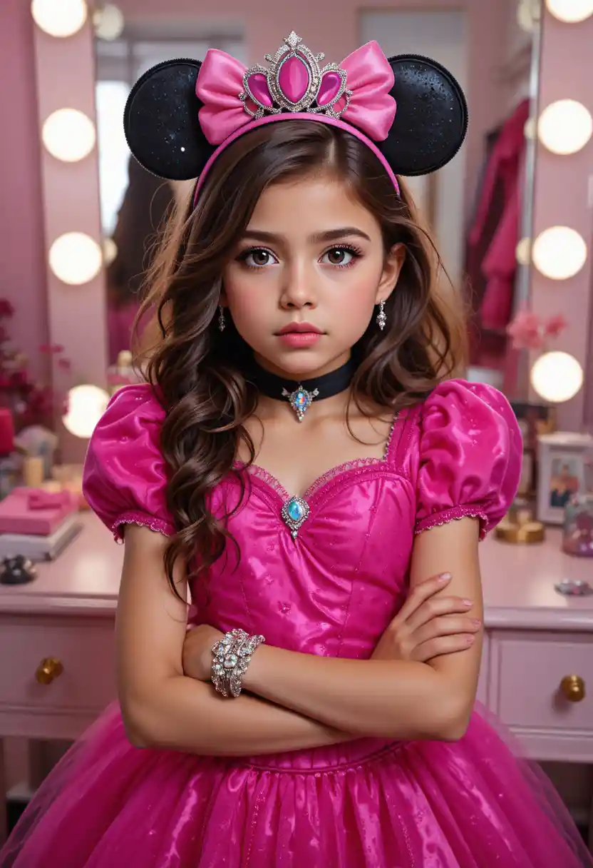 Tween boy in princess costume posing by pink vanity