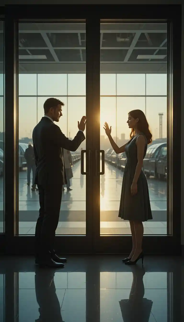 Emotional couple separated by glass door in airport farewell
