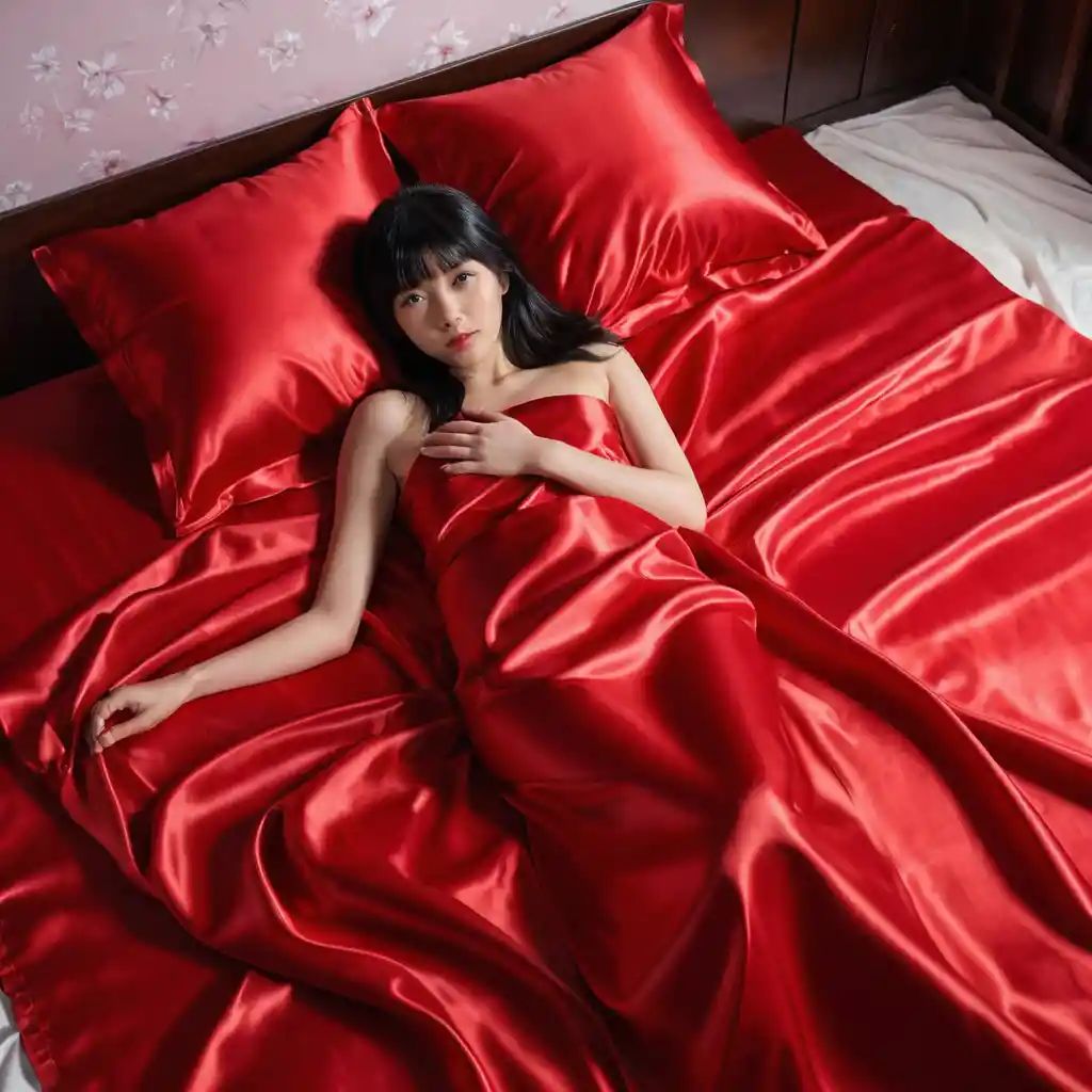 Japanese woman lying on red satin bed sheets