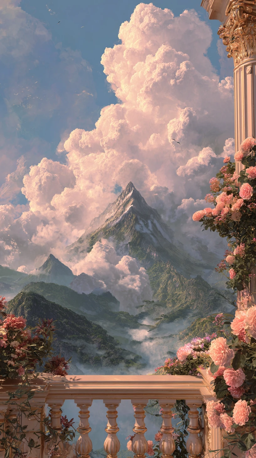 Fantasy woman on ornate balcony under soft moonlit clouds