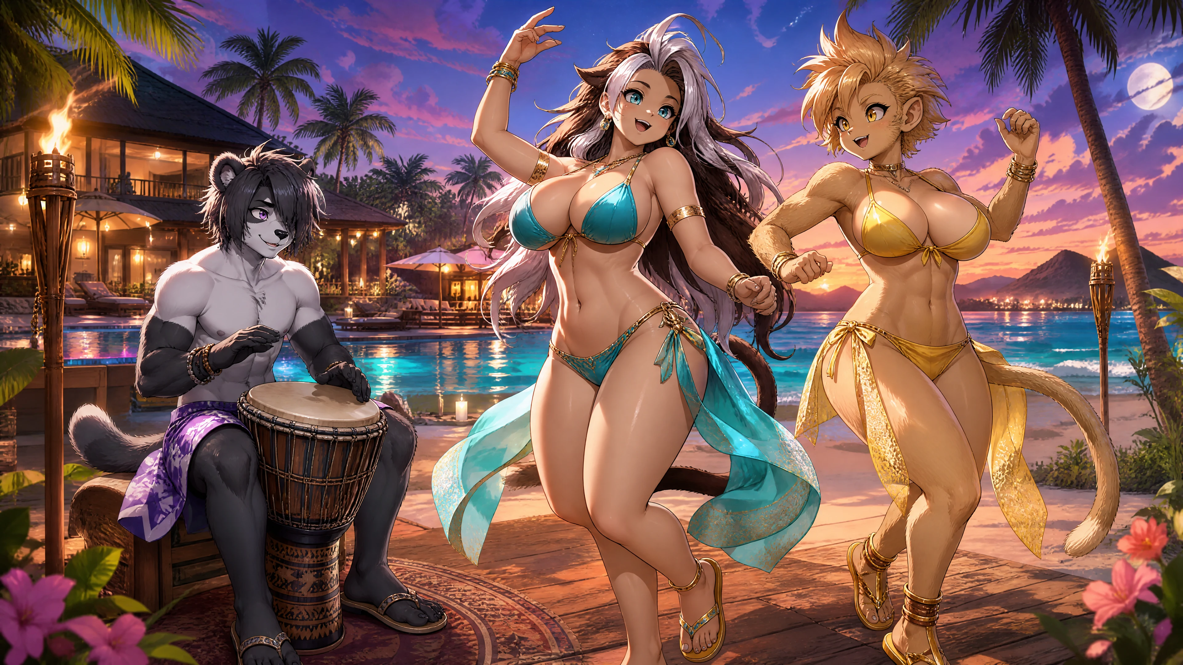 Two women dancing on the beach as a panda plays drums