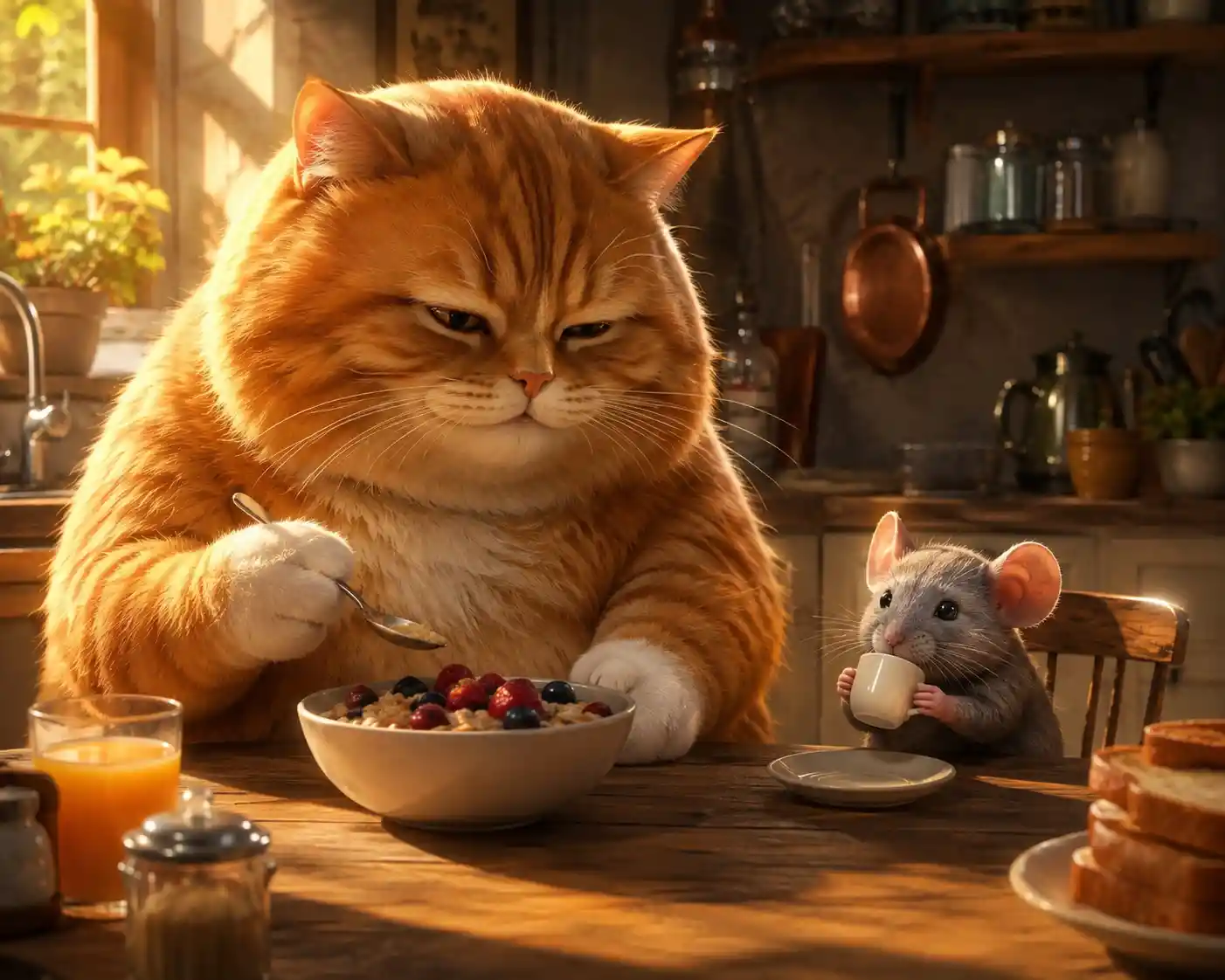 Orange cat and mouse eating breakfast at kitchen table