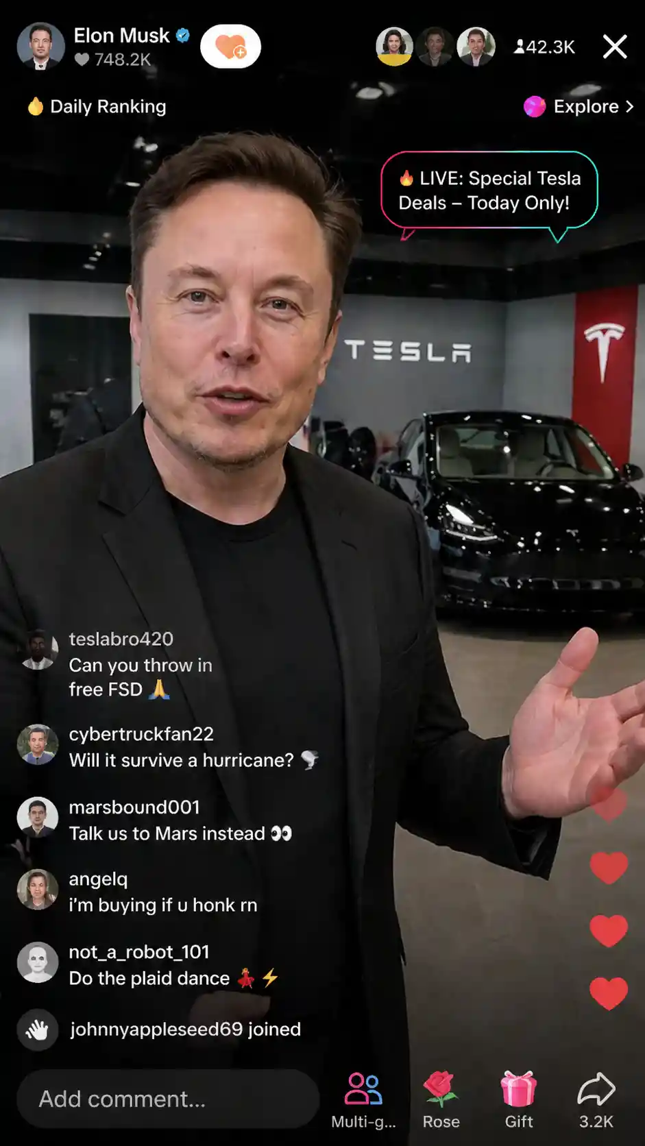 Man hosting a humorous live stream to sell electric cars