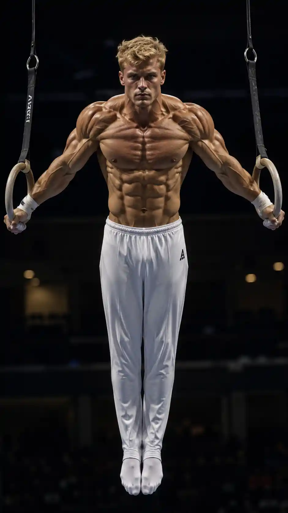 Muscular male gymnast performing an iron cross on rings